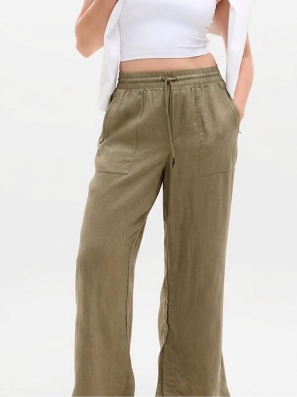 Athleta Retreat Linen High-Rise Wide-Leg Trousers Olive Green Size M
